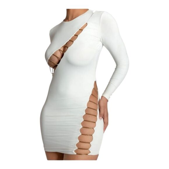 Meshki Lillie Chain Cutout Long Sleeve Sexy Mini Dress In White - Picture 1 of 16